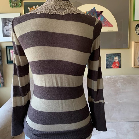 Anthropologie Pleione brown Striped Lace-trim V-neck Cardigan small - Picture 7 of 9